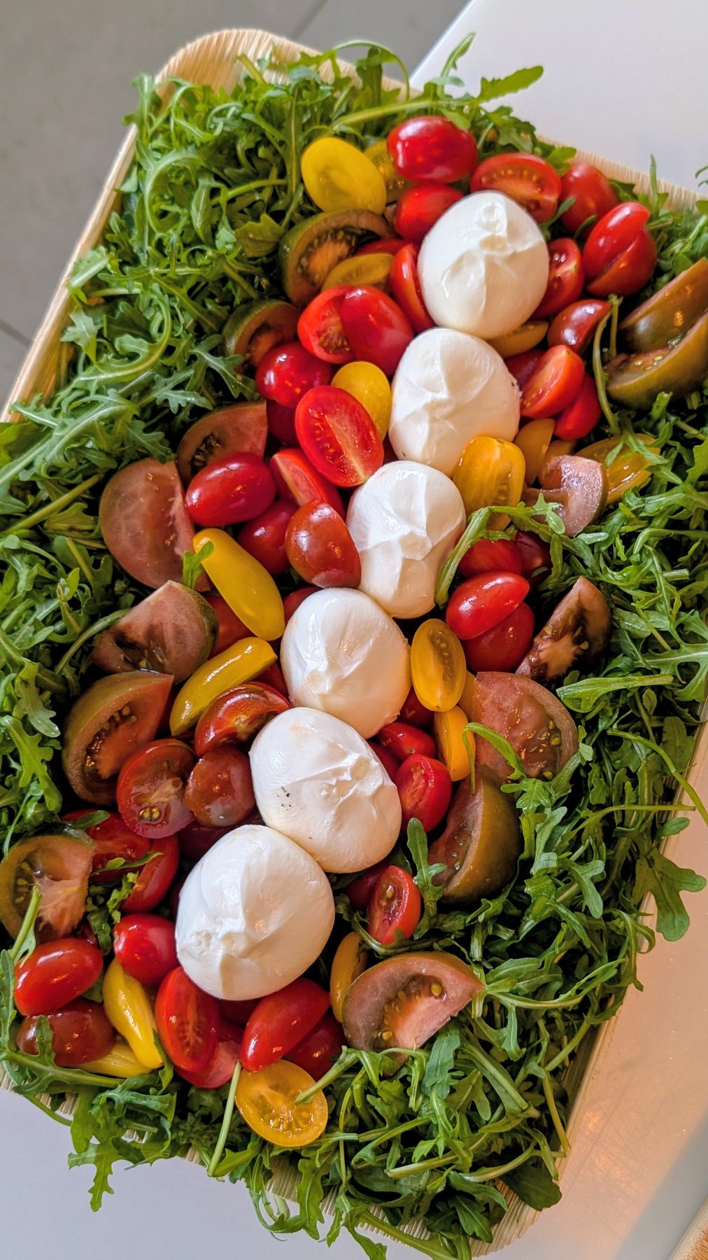 Burrata, Vine Tomato & Rocket Salad on rocket leaves